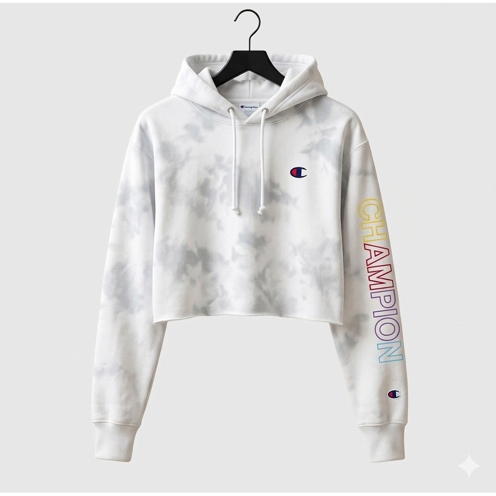 Champion Women's White Y2K Vintage Cropped Reverse Weave Hoodie Size M